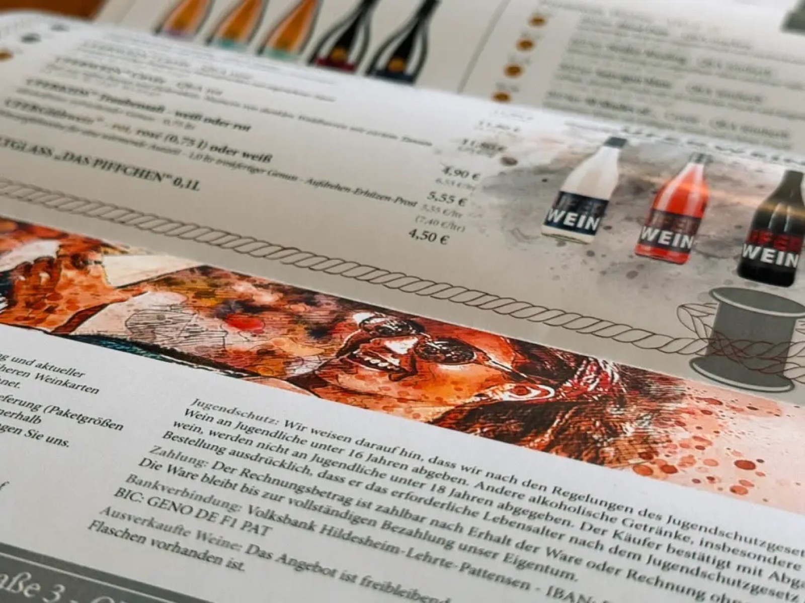 Detailaufnahme einer gedruckten Weinkarte auf hochwertigem Papier von Druckerei Block